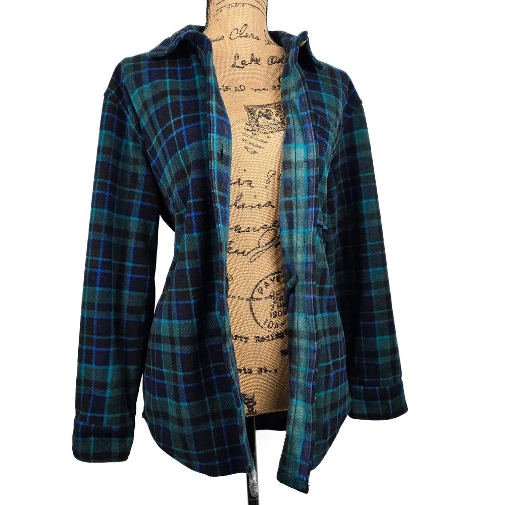 Eddie Bauer‎ Womens Microfleece Button Up Shirt Plaid Teal Navy Blue Medium M